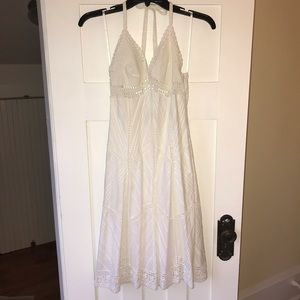 BCBG crochet and cotton lined white halter dress